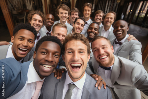 A multinational group of young guys - friends of the groom, take a selfie at a wedding or engagement.