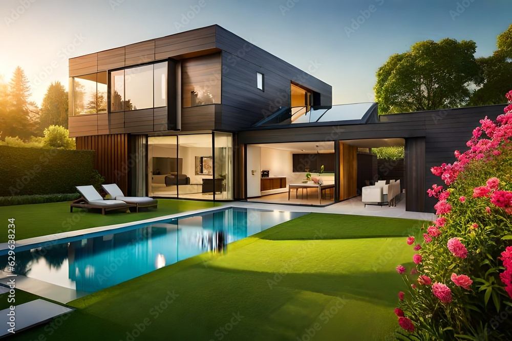 Fototapeta premium modern house with pool Generated Ai