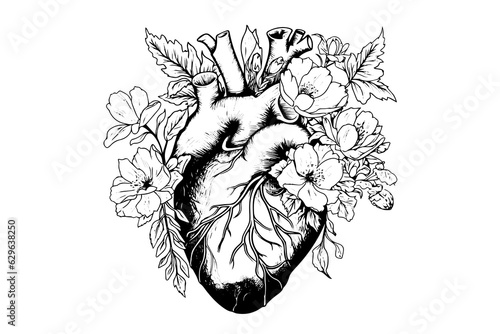 Valentine day card vintage illustration. Floral anatomical heart. Vector illustration