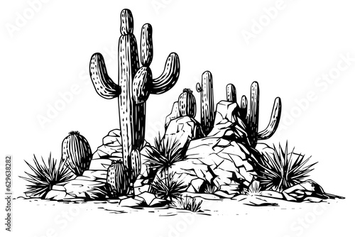 Landscape with cactus in engraving style vector illustration.Cactus hand drawn sketch imitation. photo