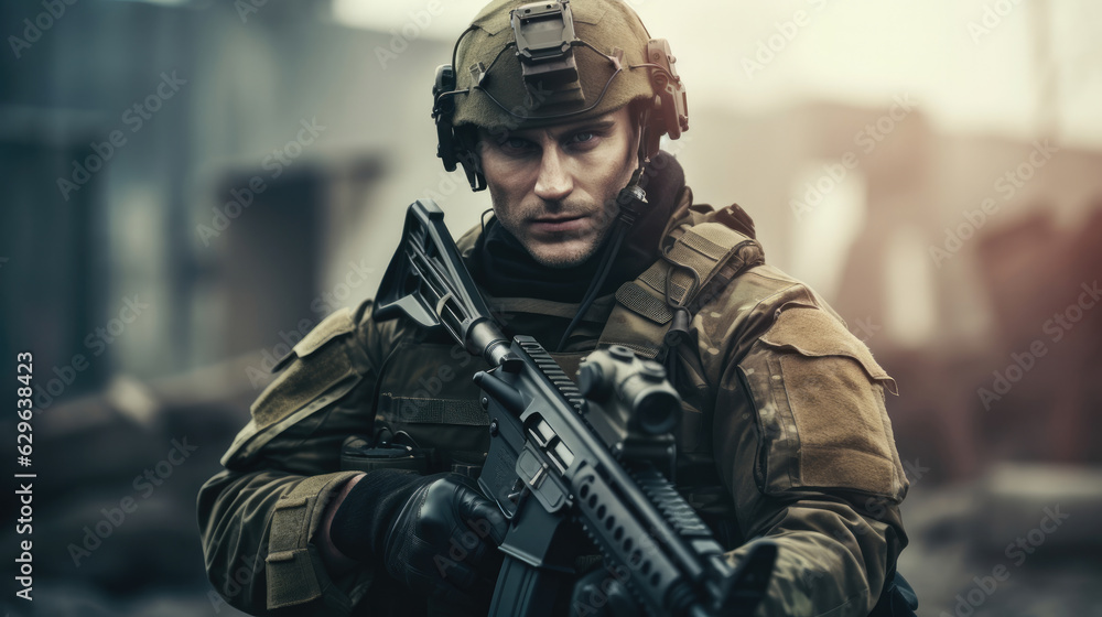 Fototapeta premium Special forces soldier holding a gun. Private army mercenary.