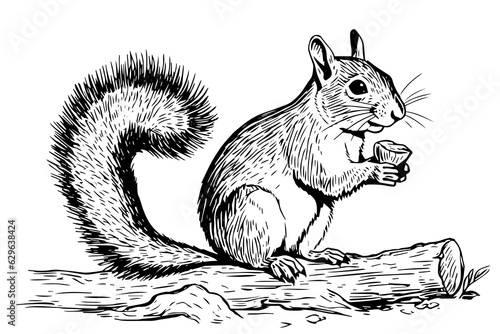 Squirrel sitting ink sketch hand drawn engraved style Vector illustration.