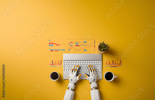 Top view of white robot hands on keyboard, graphs on empty space for text. AI Generative.