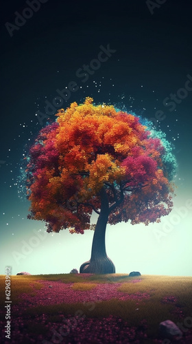 Big tree with entrance multicolored space fortext. AI Generative.
