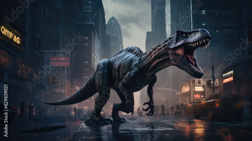 Fototapeta Naklejka Na Ścianę i Meble -  Wild Tyrannosaurus Rex in the City