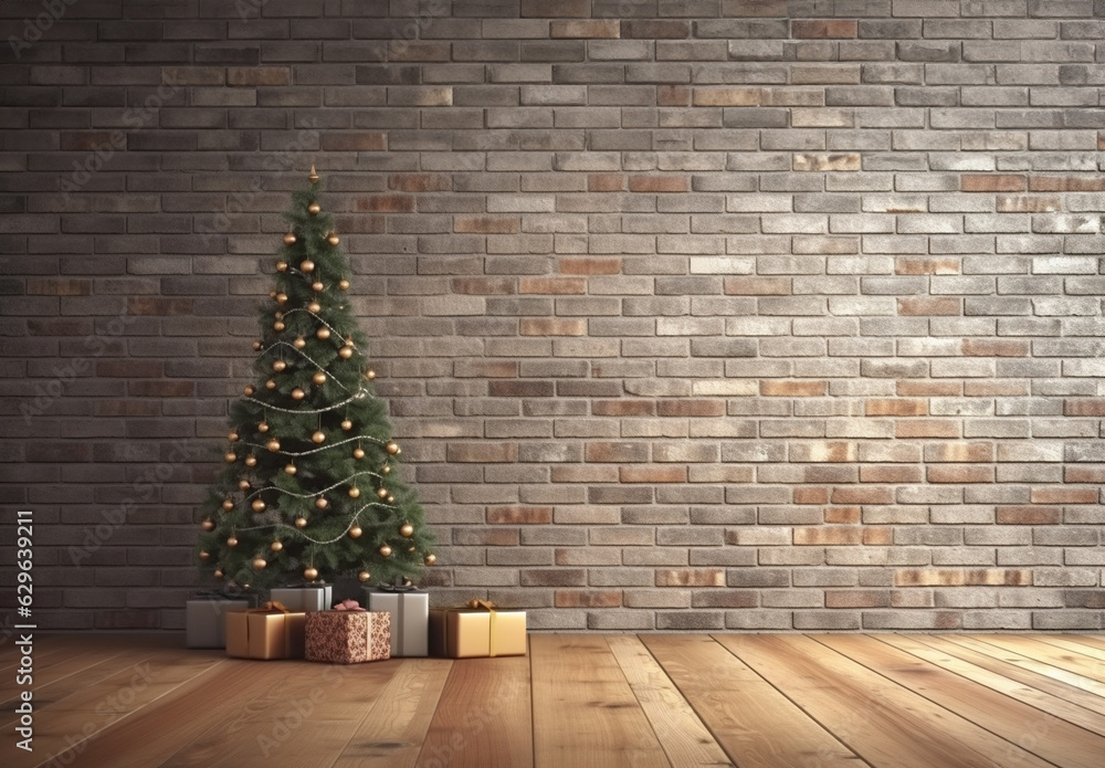 Christmas tree pine decor presents home winter intrerier. Generative AI. Christmas tree pine decor presents home winter intrerier. Generative AI.