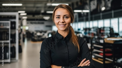 Young beautiful woman employee of auto parts store. Looks into the camera.