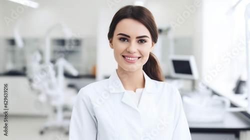 Attractive female doctor at the medical clinic. Healthcare  treatment  medical staff concept. Generative Ai technology.