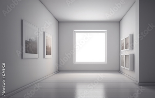 minimal room with picture frame mock up design. AI Generative.