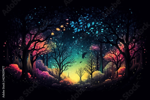 Enchanted dark forest multicolored space for text. AI Generative.
