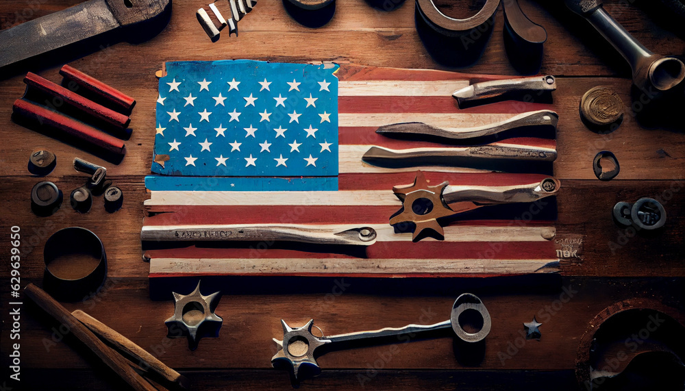 USA Labor day concept, Top view flat lay of different kinds wrenches ...