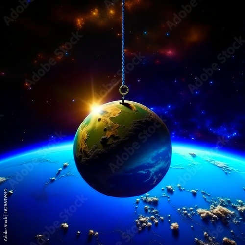A small planet hangs on a rope above the planet Earth.