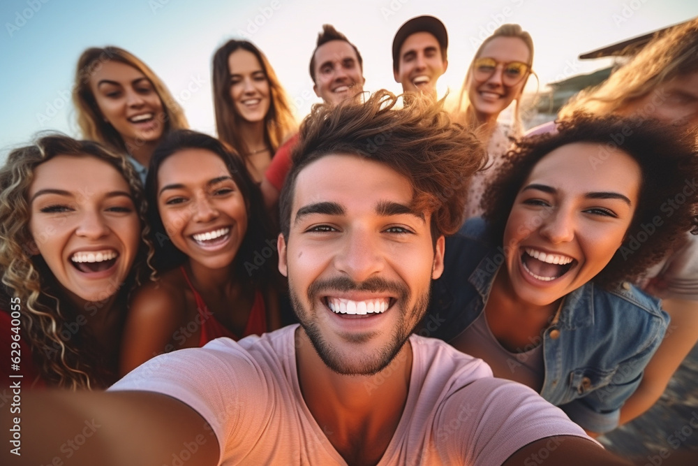 A group of friends takes a selfie, wide angle view. A group of friends takes a selfie, wide angle view.