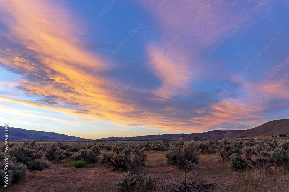 Dramatic sunset with vibrant colors in the Nevada desert in Washoe Valley near Reno and Carson City