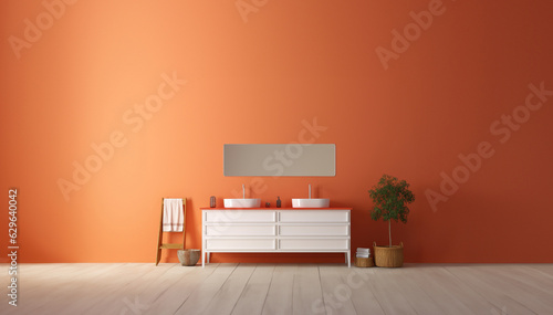 Orange bathroom interior with double sink on empty space for text. AI Generative. © Gassenee