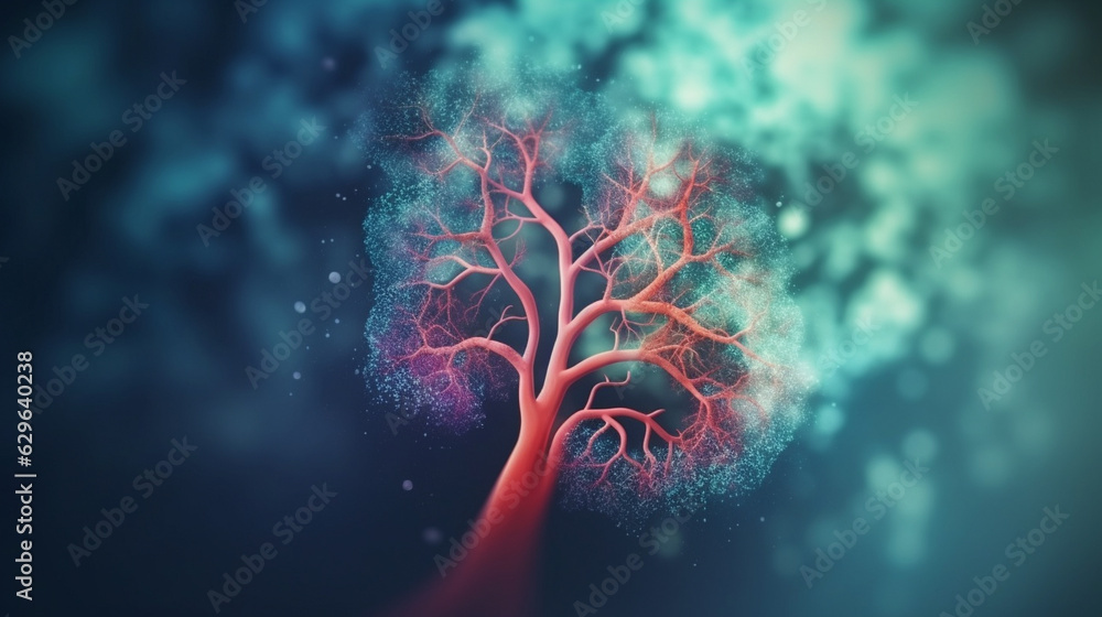 Illustration of an upside down Tree full of vitality shaped as lungs. Generative AI. - obrazy, fototapety, plakaty 