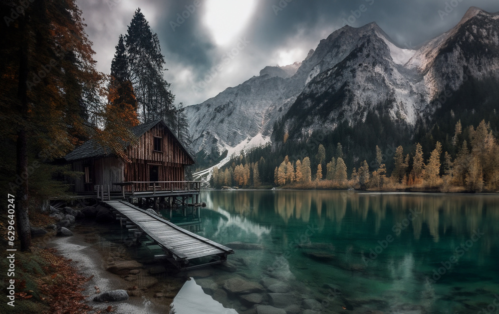 Fototapeta premium The landscape around Lake braies or pragser. Generative AI.