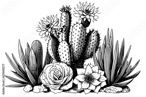 Set of cactus in engraving style vector illustration.Cactus hand drawn sketch imitation.