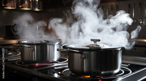 Steaming and boiling pan of water on modern heating stove in kitchen on the background of open balcony. Boiling with steam emitted from stainless cooking pot