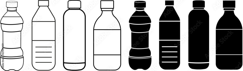 Set of black vector bottle icons isolated on white background. PET bottle plastic. - obrazy, fototapety, plakaty 