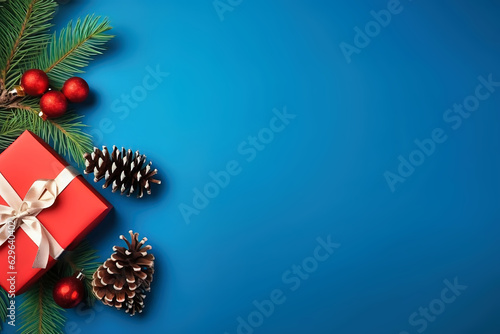 Gift boxes and Christmas decorations on a light blue background. Christmas tree branches and cones. Festive frame for a greeting card. Space for copy.