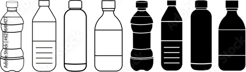 Set of black vector bottle icons isolated on white background. PET bottle plastic.