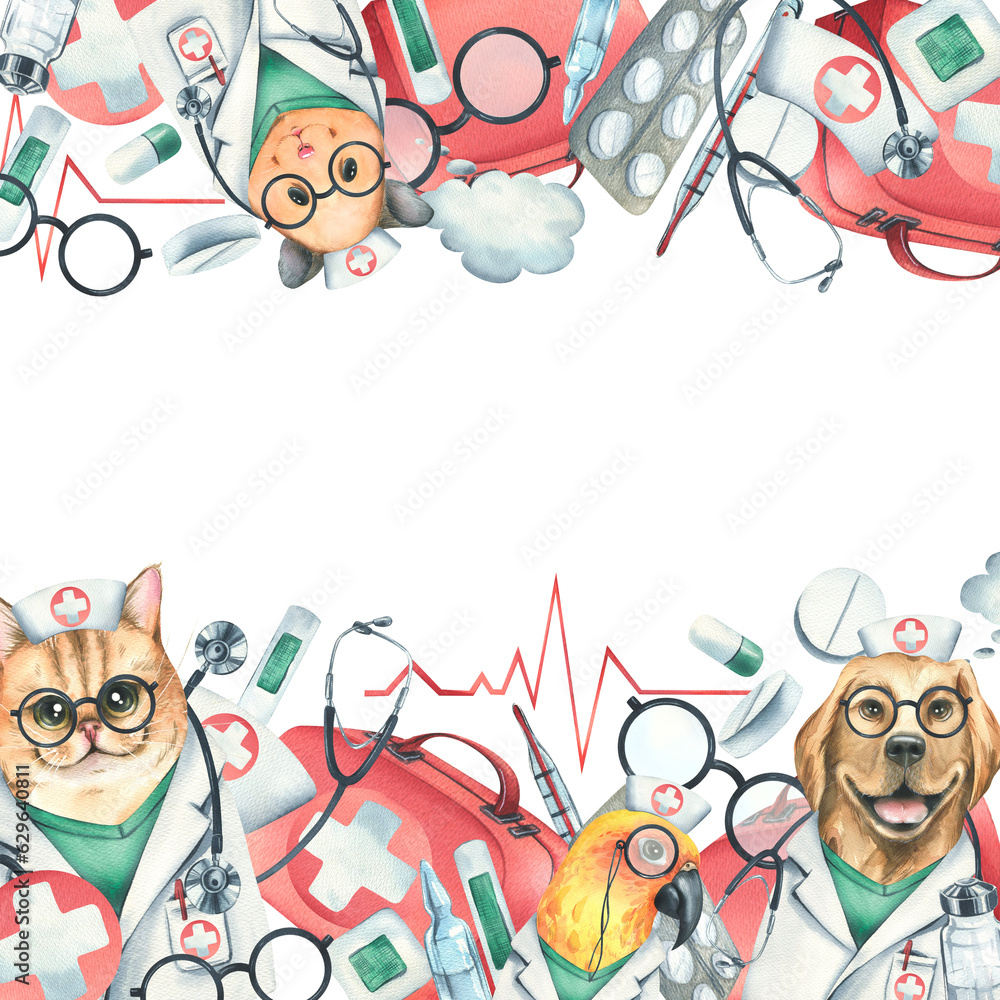 Dog, cat, hamster, parrot doctors in a dressing gown, glasses, with a stethoscope, a suitcase and medical instruments, injections. Watercolor illustration hand drawn. Template on white background.