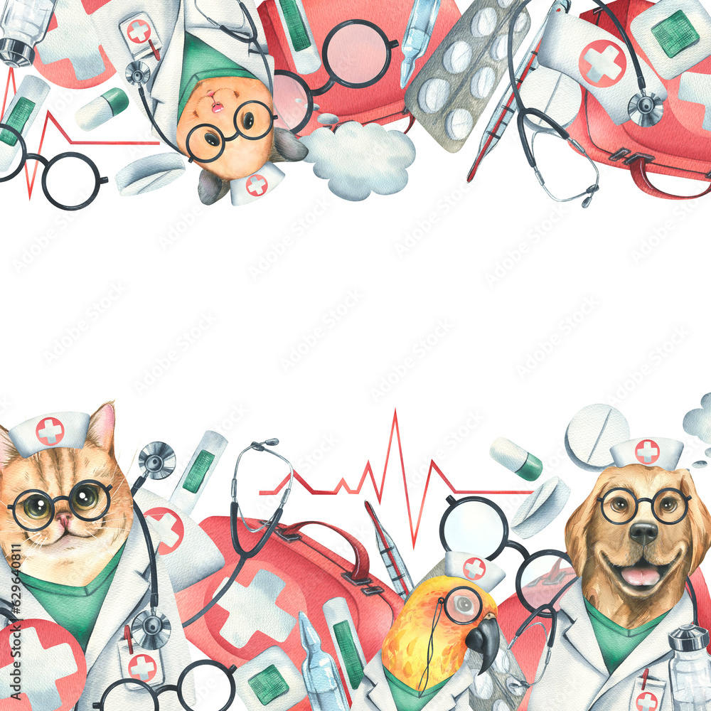 Obraz premium Dog, cat, hamster, parrot doctors in a dressing gown, glasses, with a stethoscope, a suitcase and medical instruments, injections. Watercolor illustration hand drawn. Template on white background.