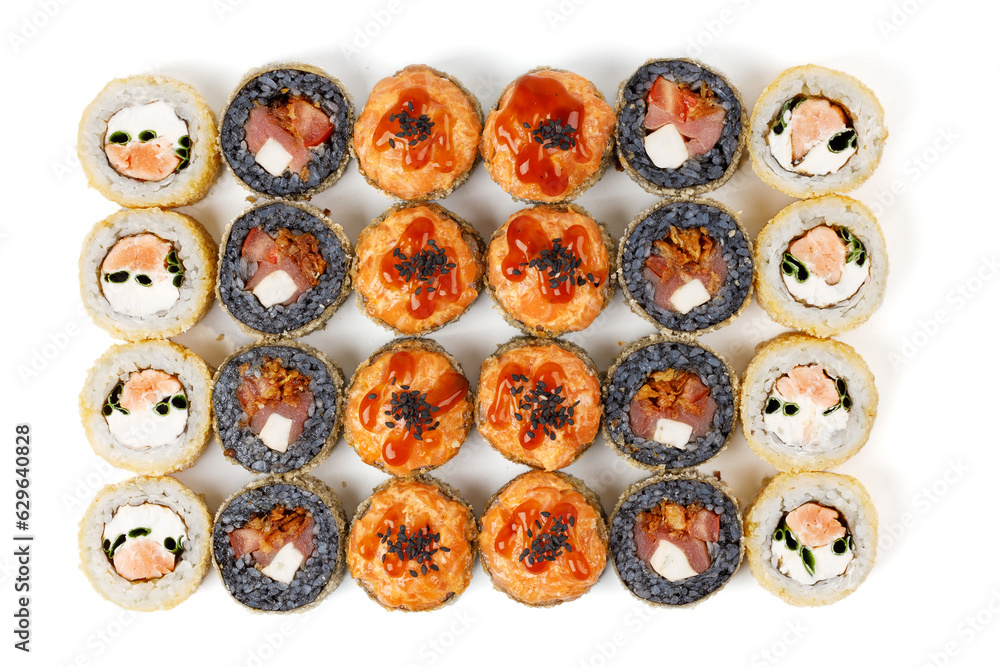 set of crunch rolls with salmon, avocado, cucumber on white background for restaurant menu, studio shooting 2 set of crunch rolls with salmon, avocado, cucumber on white background for restaurant menu, studio shooting 2