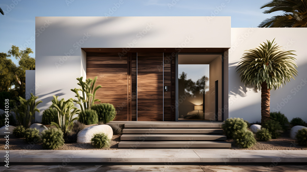 Modern villa entrance house entrance white wall, wood door Generative AI