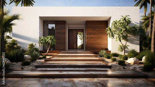 Modern villa entrance house entrance white wall, wood door Generative AI © kitti
