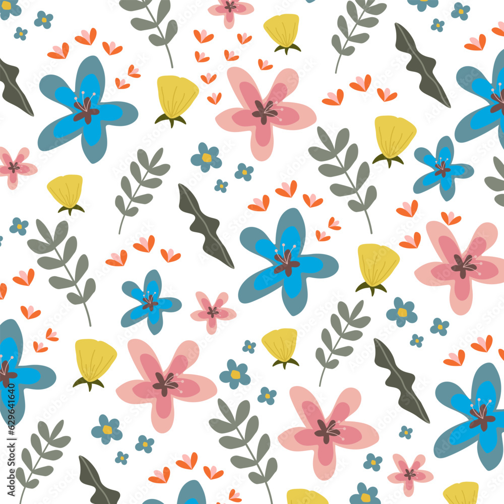Pattern with colorful flowers, leaves, grass. Simple flat vector design. Textile botanical print. Pattern with colorful flowers, leaves, grass. Simple flat vector design. Textile botanical print.