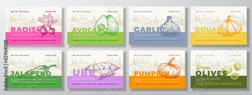 Vegetables Food Label Templates Set. Abstract Vector Packaging Design Layouts Collection. Modern Typography Banner with Hand Drawn Vegs and Rural Landscape Background Isolated