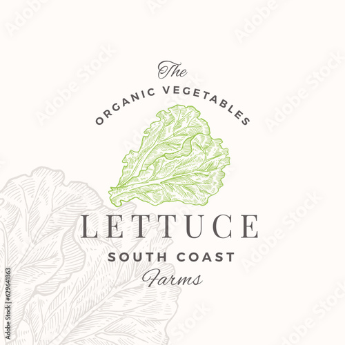 Organic Vegetables Logo Template. Hand Drawn Lettuce Salad Leaves Illustration with Retro Typography. Premium Plant Based Vegan Food Badge Emblem Isolated
