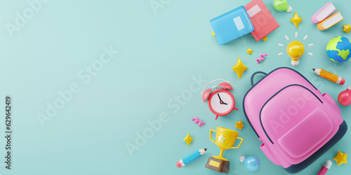 Back to School background template with school backpack,pencil,books, alarm clock and Education elements in flat lay style, 3D Illustration.Vector illustration eps 10.