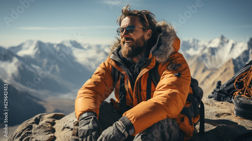 Happy man sitting on top of the mountain wearing sunglasses.