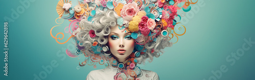 Woman banner. Hairstyle, flowers decorated, women's day, march 8, celebrate, beauty