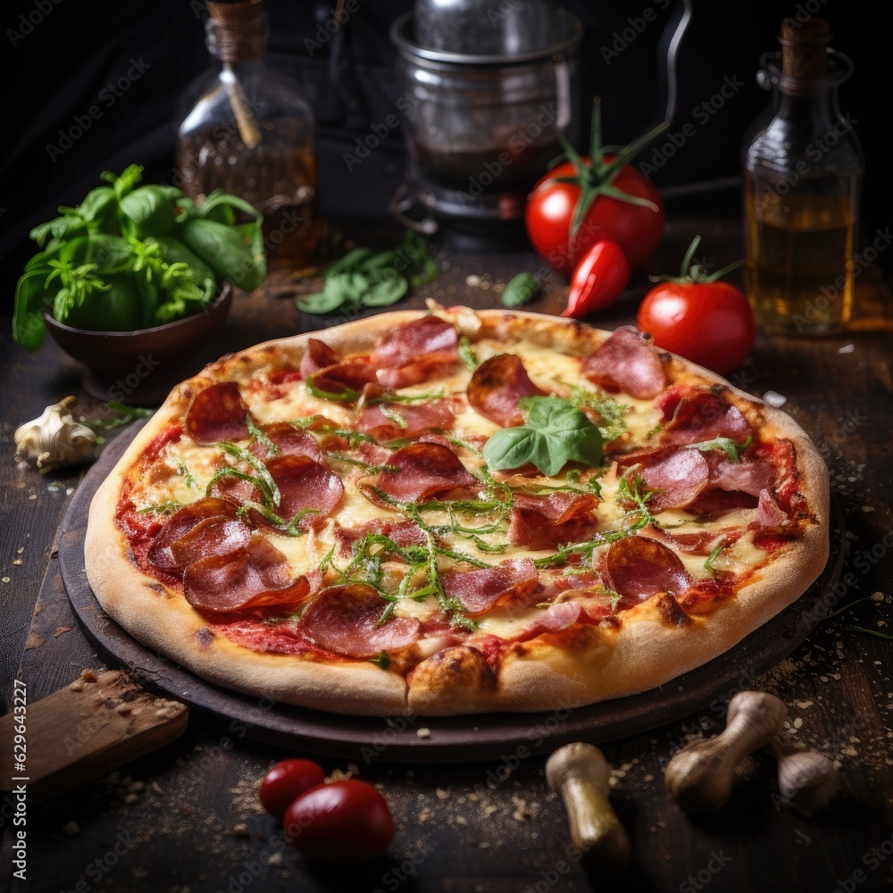 Delicious Pizza with Salami and Vegetables