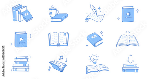 Book line doodle icon set. Hand drawn sketch doodle style line icon book, diary. Open library, reading, school education doodle concept icon. Blue pen line style stroke. Vector illustration.
