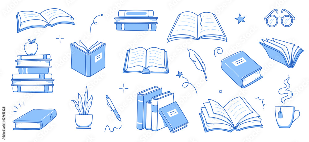 Book stack sketch set. Hand drawn sketch doodle style line book stack. Library, reading, school doodle concept icon background. Blue pen line style stroke. Vector illustration Book stack sketch set. Hand drawn sketch doodle style line book stack. Library, reading, school doodle concept icon background. Blue pen line style stroke. Vector illustration