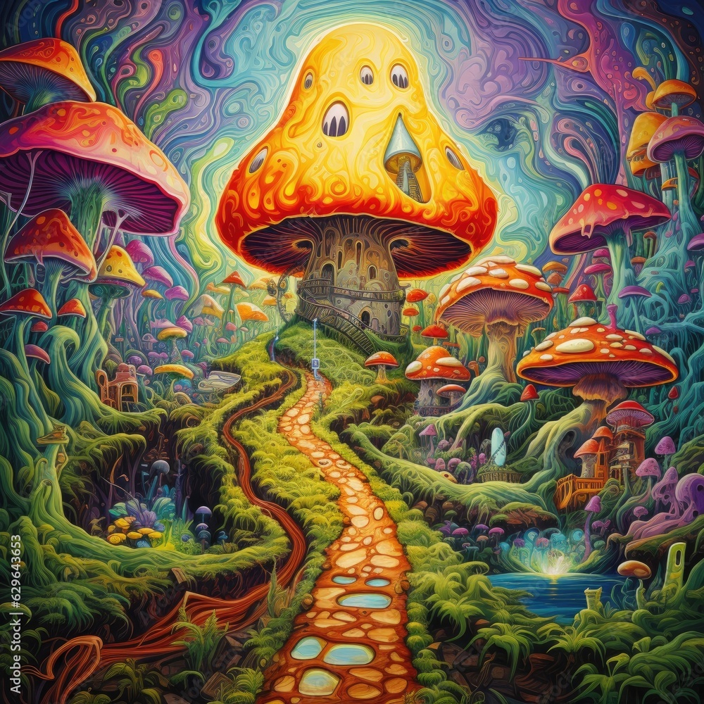 Obraz premium Imaginative City with Full of Mushrooms in Psychedelic Art