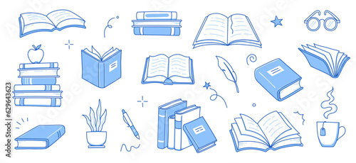 Book stack sketch set. Hand drawn sketch doodle style line book stack. Library, reading, school doodle concept icon background. Blue pen line style stroke. Vector illustration