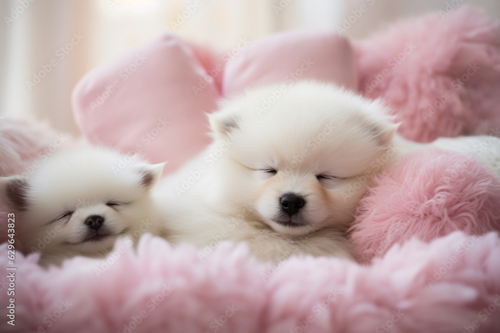 Cute Pomeranian puppies sleeping on a pink fluffy blanket