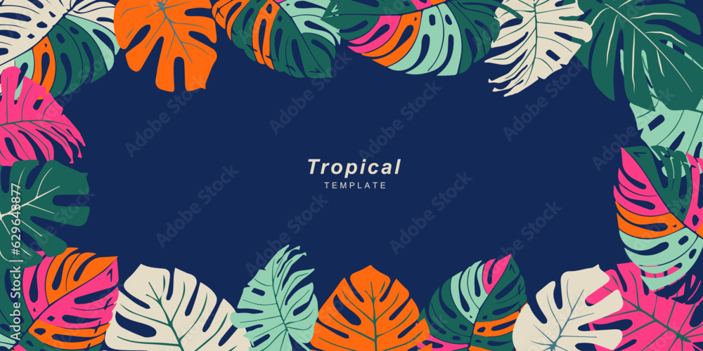 Obraz premium Summer template for background, poster, card, cover, label, banner in modern minimalist style and simple summer design templates with tropical leaves, flower, and plants.