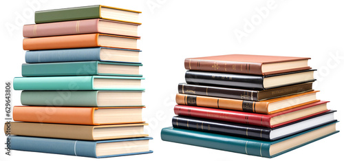 A set of books. Stacks of books for learning. Many books are stacked on top of each other. Isolated on a transparent background.
