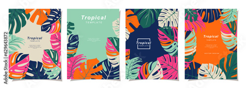 Summer template set for poster, card, cover, label, banner in modern minimalist style and simple summer design templates with tropical leaves, flower, and plants.