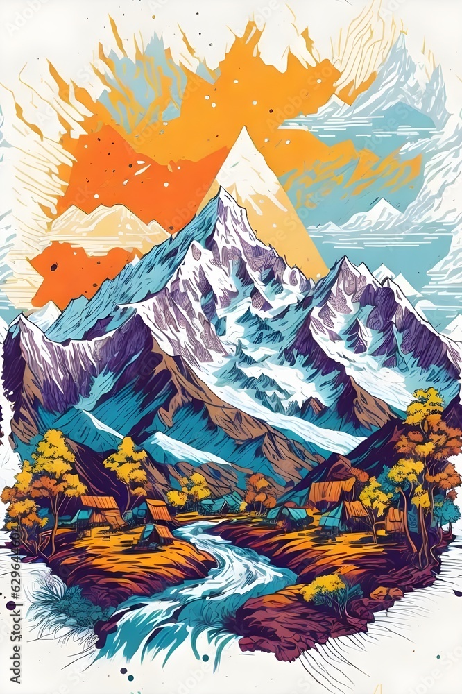 Illustration captures a breathtaking landscape where majestic mountains cradle a cascading waterfall.