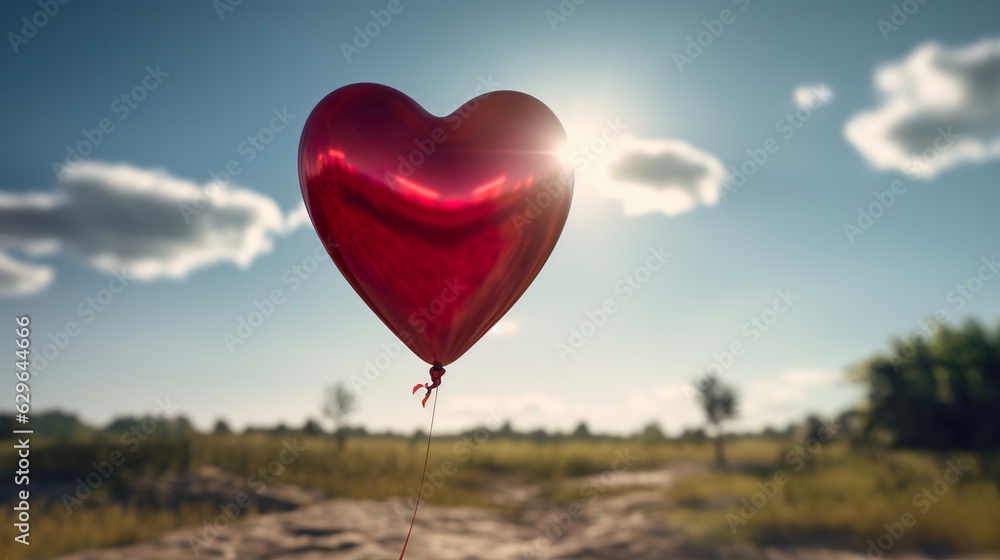 Illustration of an heart-shaped balloon floating in a sunny sky. Valentine's day banner. Red heart balloon on blue sky with white clouds conceptual. Realistic 3D illustration. Generative AI Illustration of an heart-shaped balloon floating in a sunny sky. Valentine's day banner. Red heart balloon on blue sky with white clouds conceptual. Realistic 3D illustration. Generative AI