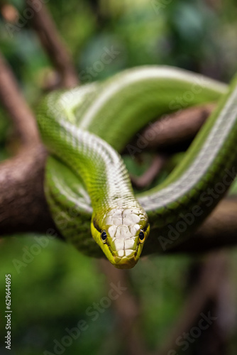 A sharp-nosed viper snake on a branch.