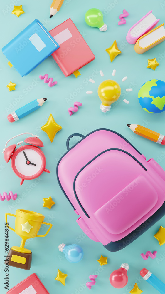 Back to School background template with school backpack,pencil,books, alarm clock and Education elements in flat lay style.3D Rendering, 3D Illustration